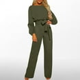 thumbnail image 2 of SDNall Formal Pantsuits for Women Evening Party Solid Color Long Sleeved Jumpsuit Crew Round Neck Jumpsuit with Belt Long Wide Leg Pantsuits Womens Jumpsuits and Rompers (Army Green,Sizes：XS-XXL), 2 of 9