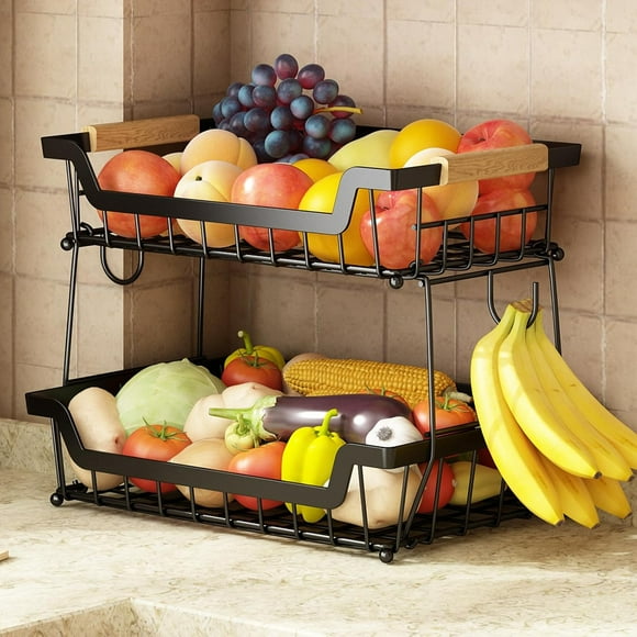 2-Tier Black Metal Countertop Fruit Basket with 2 Banana Hangers & Wooden Handle, Detachable Large-Capacity Rectangular Storage Stand for Kitchen (Bread, Vegetables, Fruits)