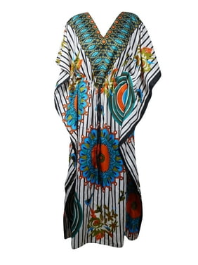 Mogul Women Jewel Print Maxi Caftan Kimono Sleeves Beach Cover Up Long Kaftan Dress One Size