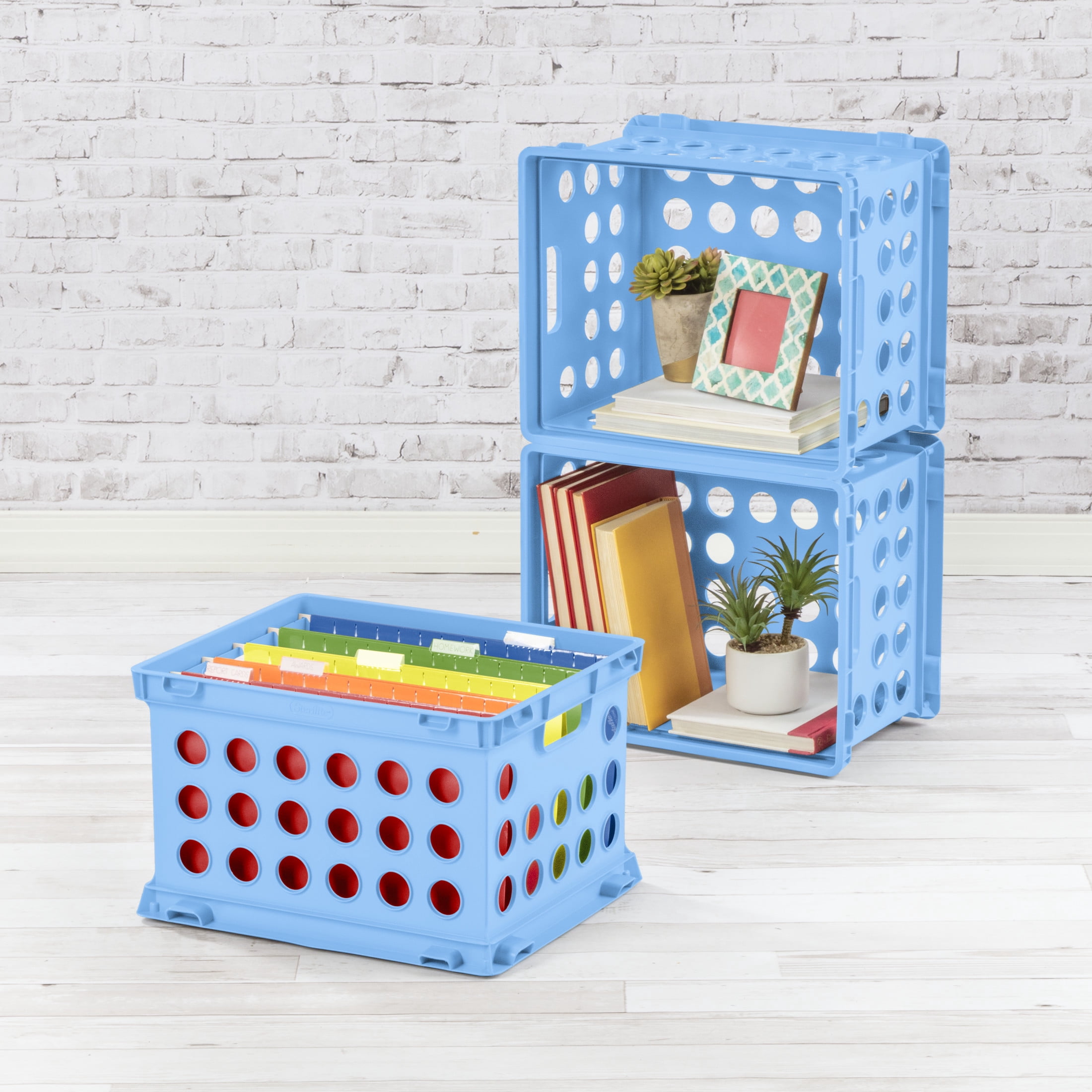 Sterilite File Crate, Versatile Plastic Storage Bin with Through Handles, Fits Letter & Legal-sized Hanging Files, Stackable, Blue