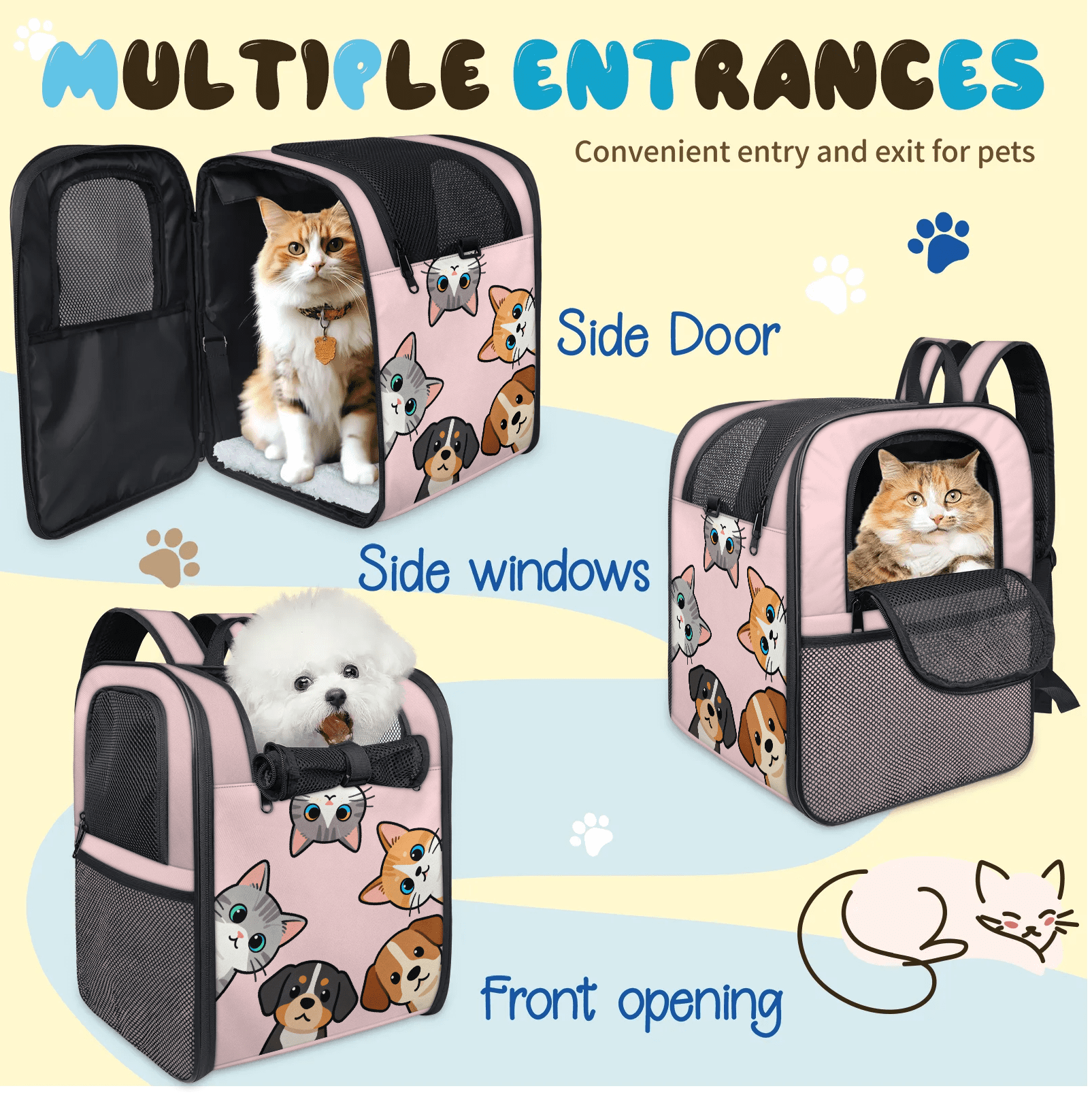 Cute Pet Backpack Carrier for Cats & Small Dogs, Breathable Mesh Design, Safe Travel Carrier for Outdoor Hiking, Walking, Vet Visits