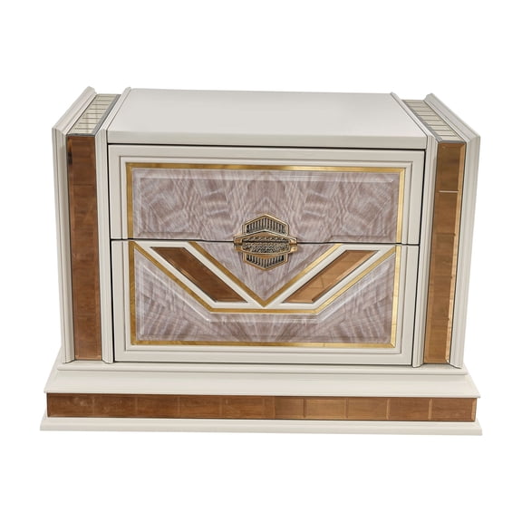 JERFIT Modern Nightstand with 2 Soft-Close Drawers, Beige Bedside Table with Gold Accents and Mirrored Details for Bedroom