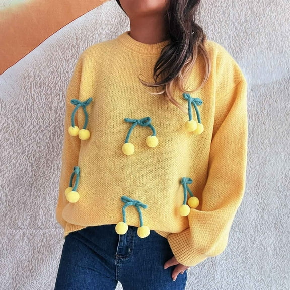 Womens Sweater Hanging Solid Color Long-sleeved Round Neck Casual Knitted Sweater Yellow M Sweater for Women