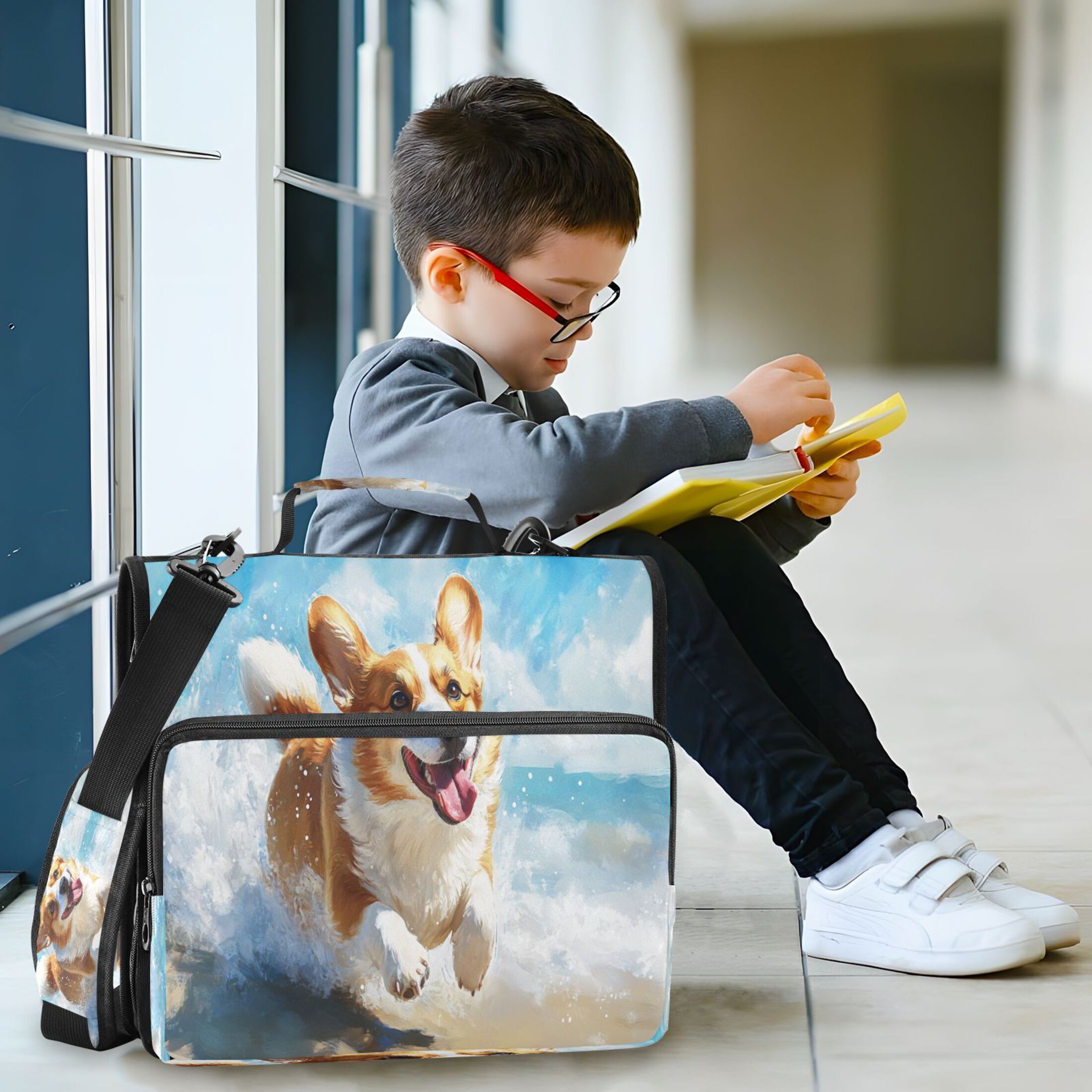 YAZAOO Zipper Binder trapper keeper Documents Organized Design Corgi Play on The Beach Printed