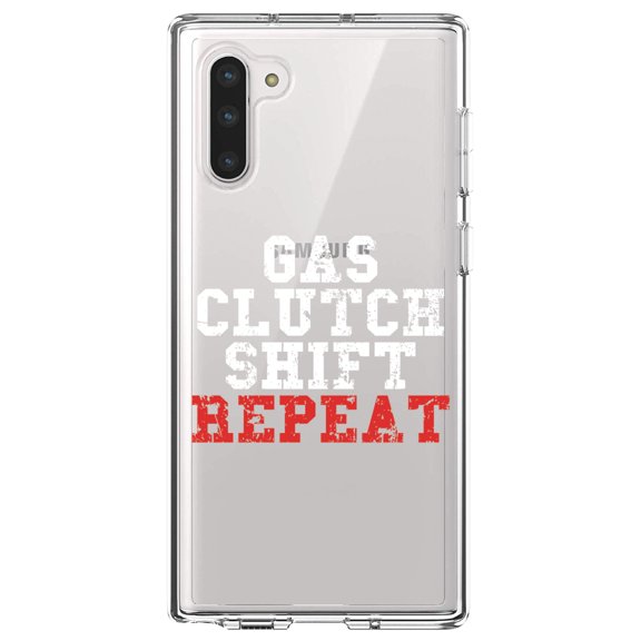DistinctInk Clear Shockproof Hybrid Case for Samsung Galaxy Note 10 (6.3" Screen) - TPU Bumper Acrylic Back Tempered Glass Screen Protector - Gas Clutch Shift Repeat