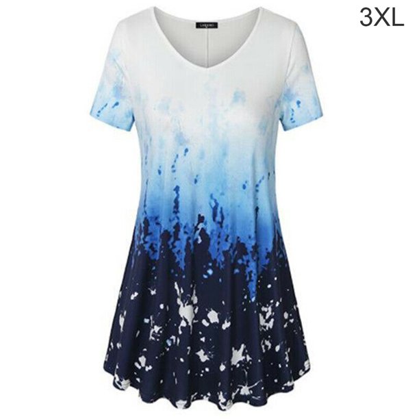 Camiseta de mujer Blusa informal con estampado degradado Vestido suelto con cuello en V, Azul, 3XL kenally AP001902-46