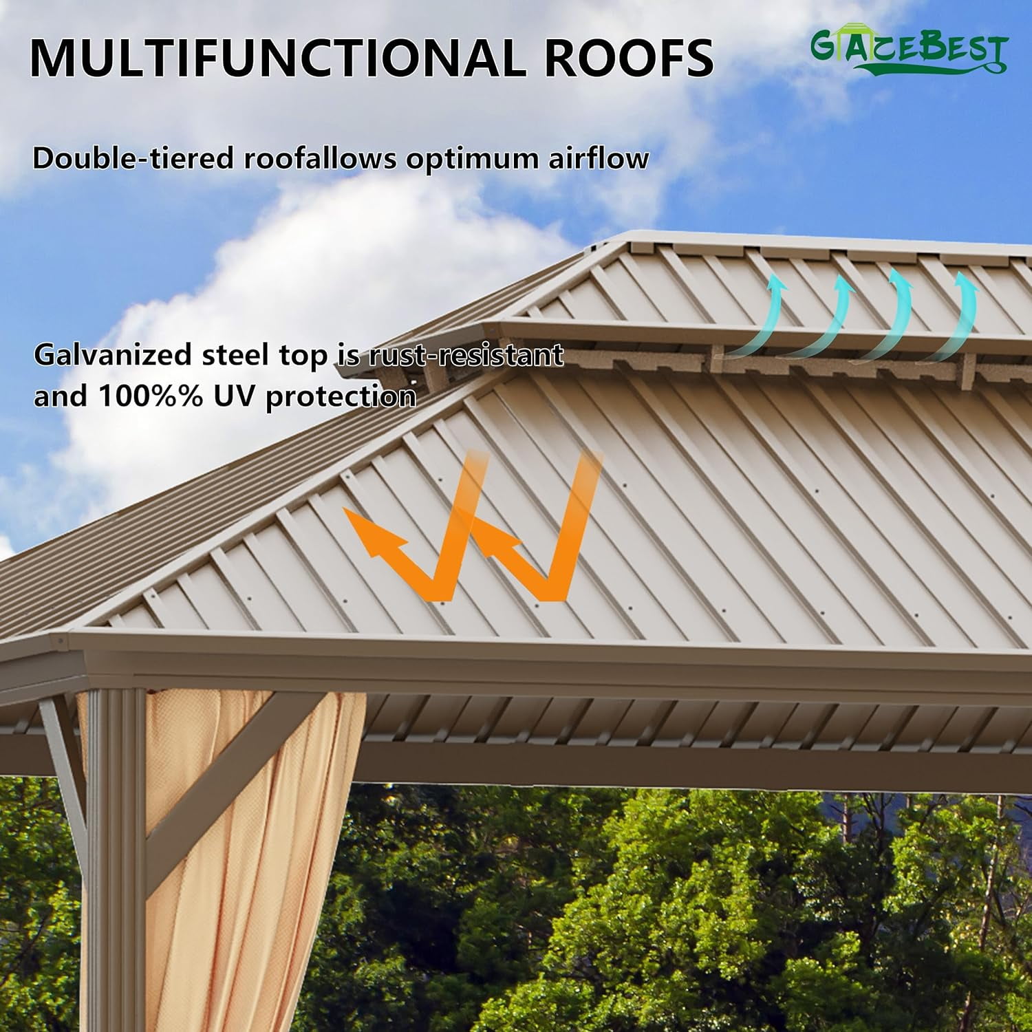 GAZEBETER 12' x 16' Hardtop Gazebo, Brown, Double Roof, Galvanized Steel, Netting & Curtains
