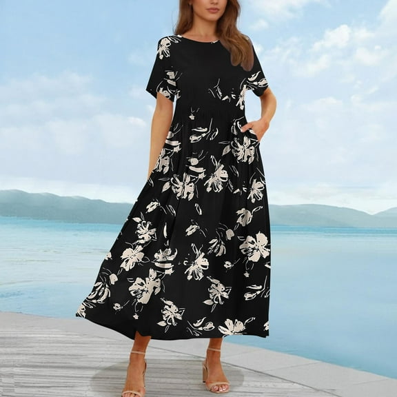 Summer Casual Midi Dresses for Women 2025 Vacation- Womens Sleeveless Knee Length Sundress with Pockets Loose Fit, Limited Time WX0001