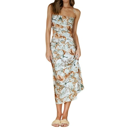

Pudcoco Women Summer Sling Dress Square Neck Floral Print Cut Out Waist One Piece Skirt