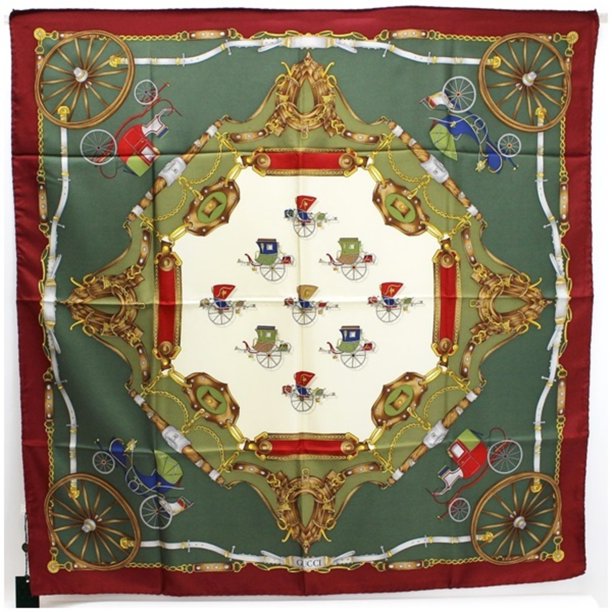 Authenticated Used Gucci silk scarf muffler green x wine red carriage