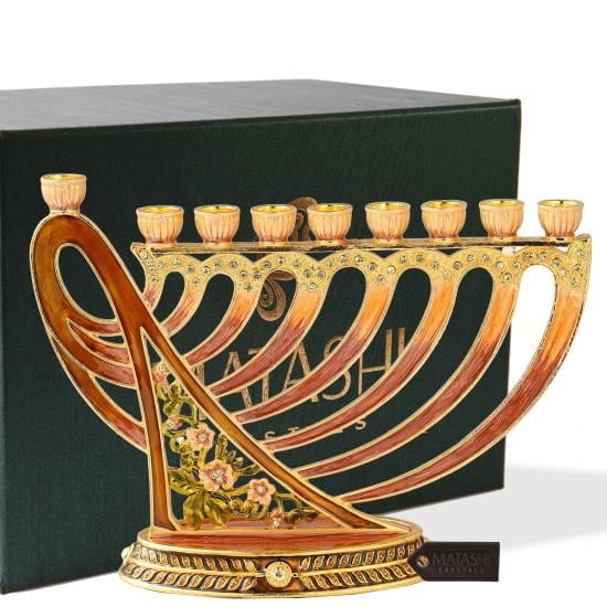 Matashi Hand Painted Enamel Menorah Candelabra with Earthy Colors, Gold Accents & Crystals