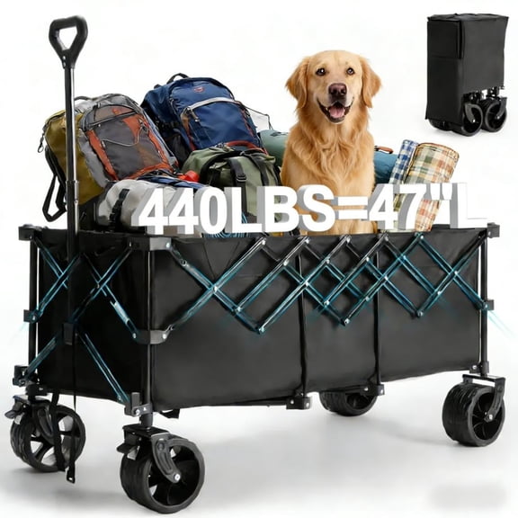 edx 440lbs Collapsible Folding Wagon, Large Capacity Wagon with Heavy Duty Steel Frame, All-Terrain Wheels for Camping, Sports, Shopping