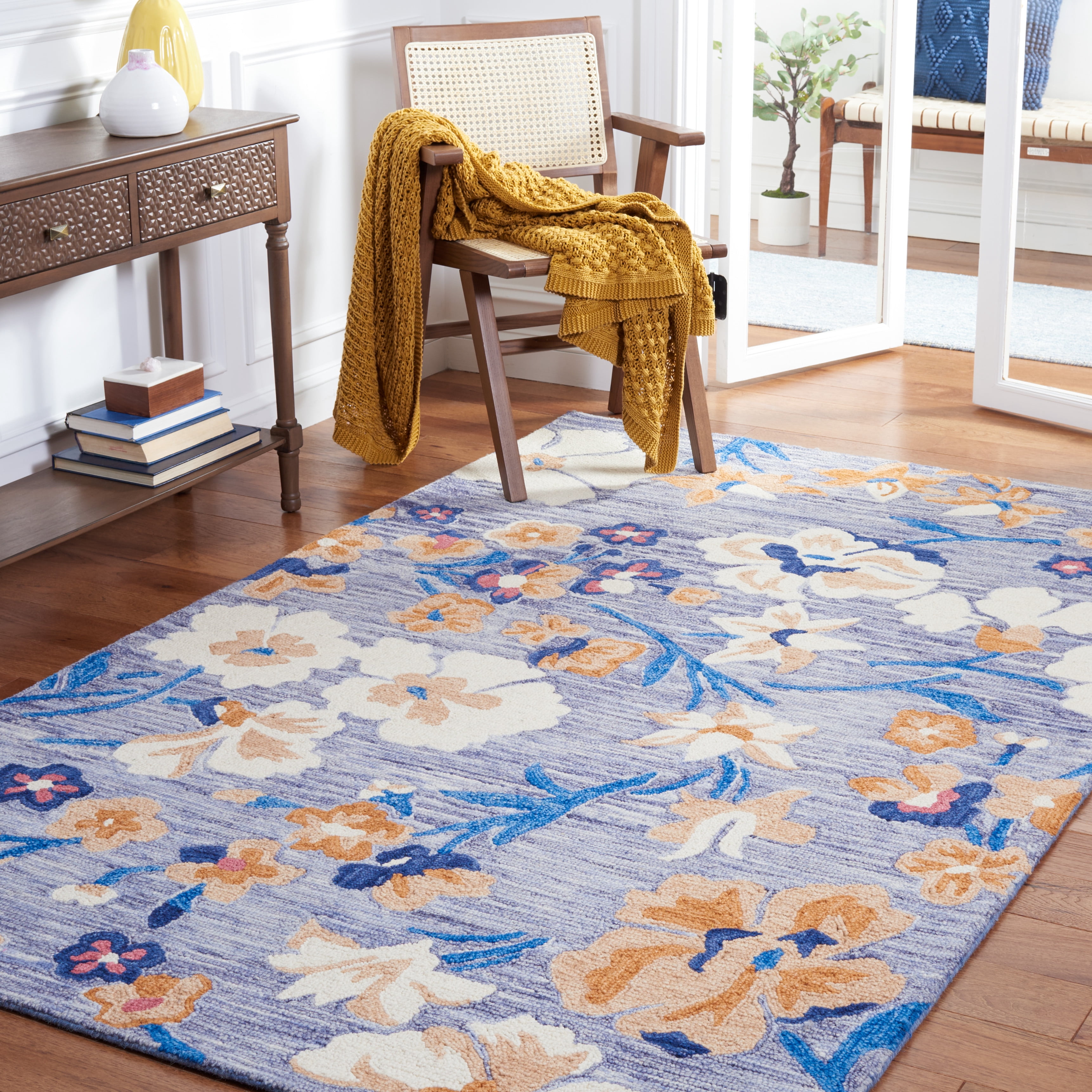 SAFAVIEH Jardin Ruadhan Floral Wool Area Rug, Blue/Ivory, 6' x 6' Square