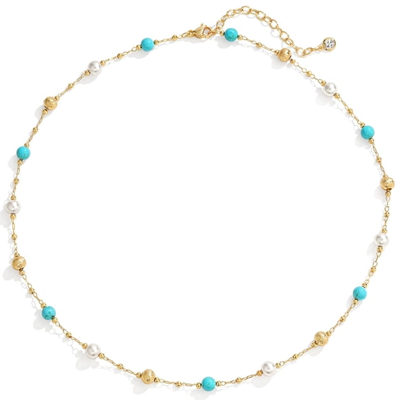 Collar LADYGD Chapado en Oro 14K con Perla y Turquesa 40 cm