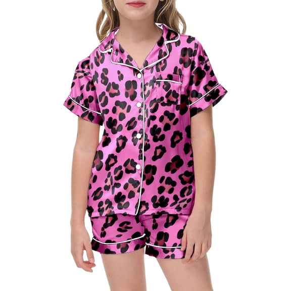 XIYON Girls Pajamas Set Leopard Print Soft Short Sleeve Sleepwear Button Up Pjs Set For Kids Comfortable Loungewear Casual Home Outfit Homewear 12-13 Years