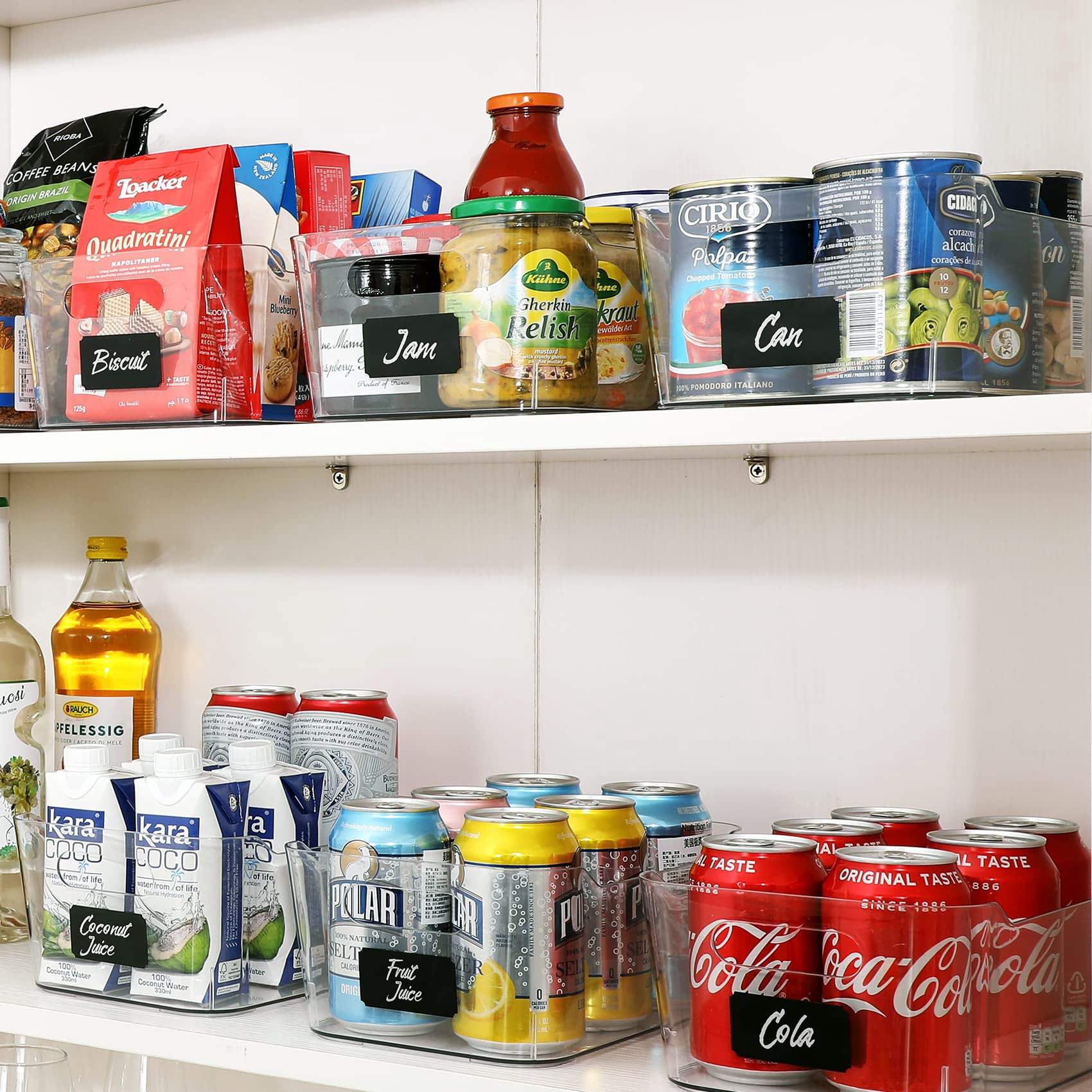 12 PACK Multiuse Clear Plastic Organizer Bins with Labels for Home Kitchen Bathroom Office Pantry Cabinet Shelf RV Fridge Storage