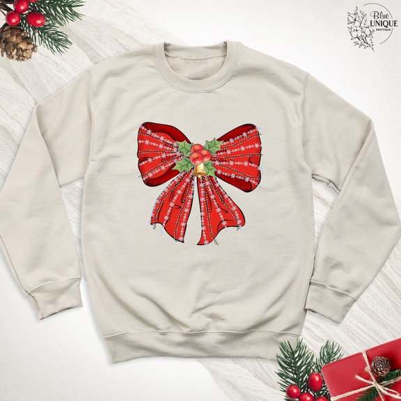 Red Bow Coquette Winter Occasion Sweatshirt, Coquette Bow Sweatshirt, Winter Occasion Red Bow Hoodie, Winter Occasion Bow Sweater, Cute Red Ribbon Long Sleeve, Full size S-5XL