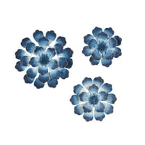DecMode Coastal Metal Blue Glittery Flower Wall Décor, Set of 3 18", 12", 11"H