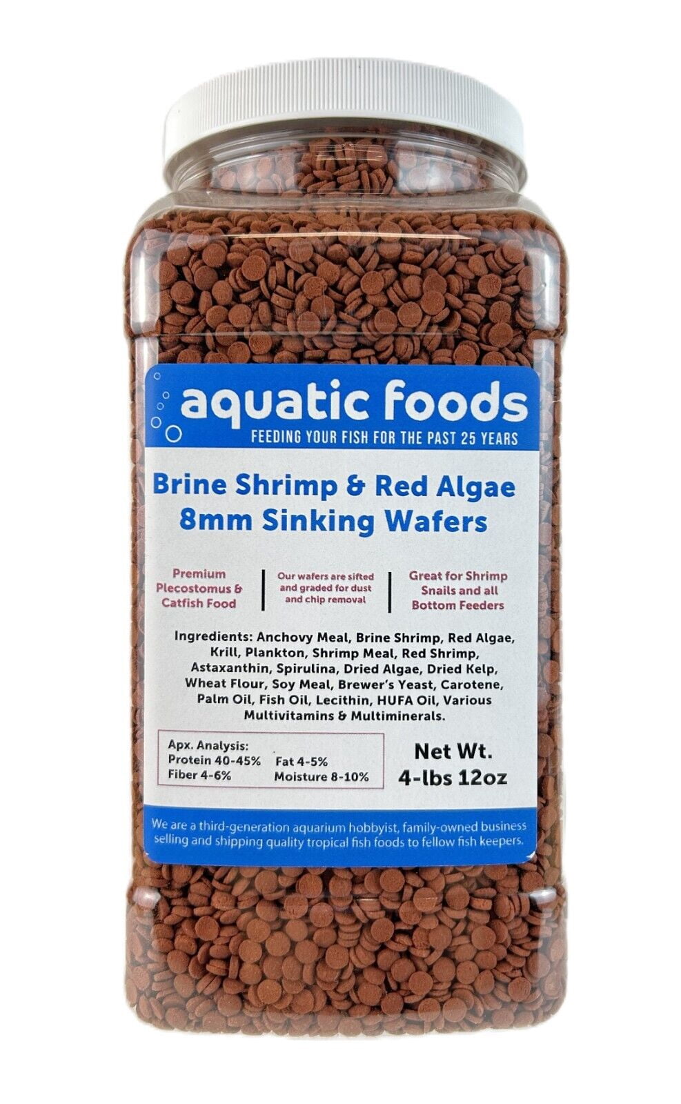 Aquatic Foods Inc. 8mm - 1/3" Brine Shrimp & Red Algae Color Enhancing Sinking Wafers for Shrimp, Snails, Crabs, Plecos, Catfish. Bottom and All Tropical Fish...WL 4-lbs 12oz Lg Jar