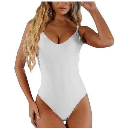 Arnsht Women s Plus Size One Piece Swimsuit Fashion Solid Color V Neck Spaghetti Strap Backless String High Rise Bikini Set Bathing Suit White M