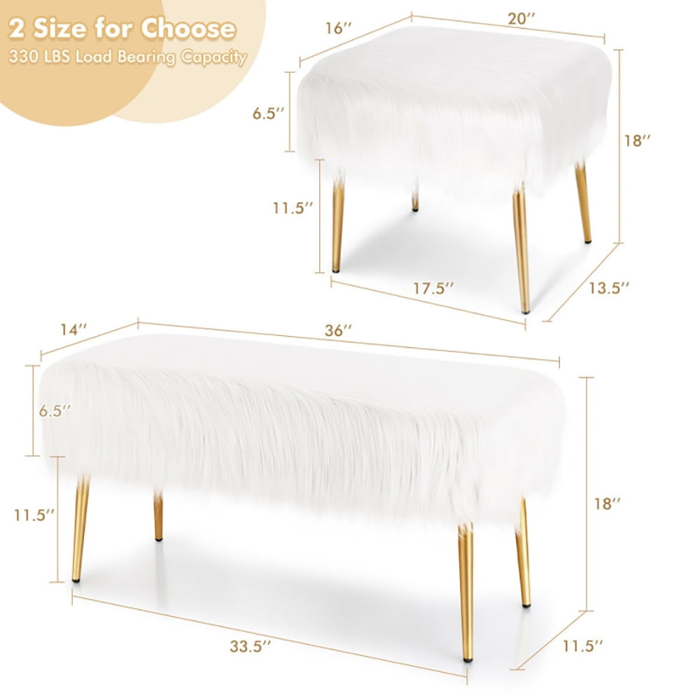 Finihen Faux Fur Vanity Stool Chair, Footstool Ottoman, Vanity Stool with Golden Metal Legs, Makeup Stool, Decorative Furniture Footrest, for Makeup Room, Living Room, Bedroom, White
