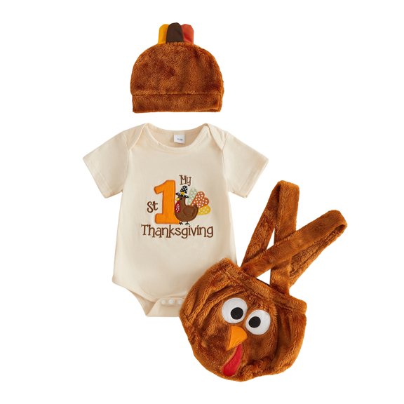 Cjfdfy Newborn Baby Boy Girl Thanksgiving Turkey Outfit Romper My 1St Thanksgiving Short Sleeve Bodysuit Fuzzy Overalls Suspender Shorts And Hat Set Infant Cute Holiday Photography Outfit