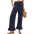 thumbnail image 2 of Wide Leg Linen Pants for Women High Waisted Ruffle Hem Palazzo Pants Boho Summer Casual Loose Flowy Pant Trousers Navy S, 2 of 7