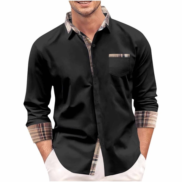 Camisa y blusa de manga larga con cuello vuelto para hombre, informal, con botones, bolsillo simulado, cuello vuelto enrejado, camisa de manga larga para hombre, abrigo de poliéster