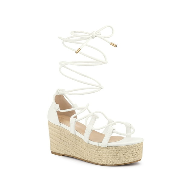 BLISSFUL STEP Sandales à Talon Compensé à Lacets pour Femmes Blanches 7.5