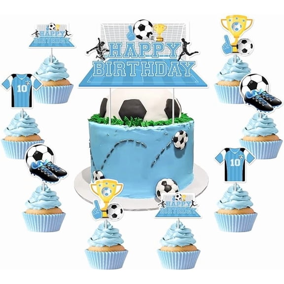 Soccer Birthday Party Decorations Blue 25Pcs Soccer Happy Birthday Cake Cupcake Toppers Soccer Party Cake Decoration Soccer Ball Birthday Soccer Football Sport Party Supply for Birthday