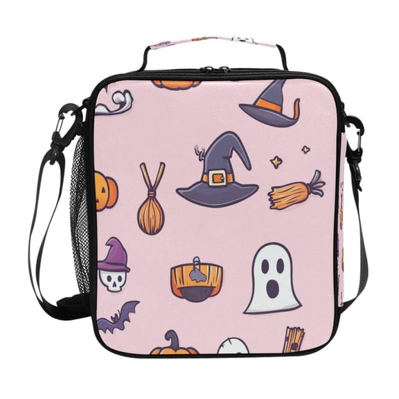 Insulated Square Lunch Bag with Side Mesh Pocket Fashion Lunch Box Reusable Lunch Tote 10.5" x9.5" x3.5" Pink Background Halloween Pattern