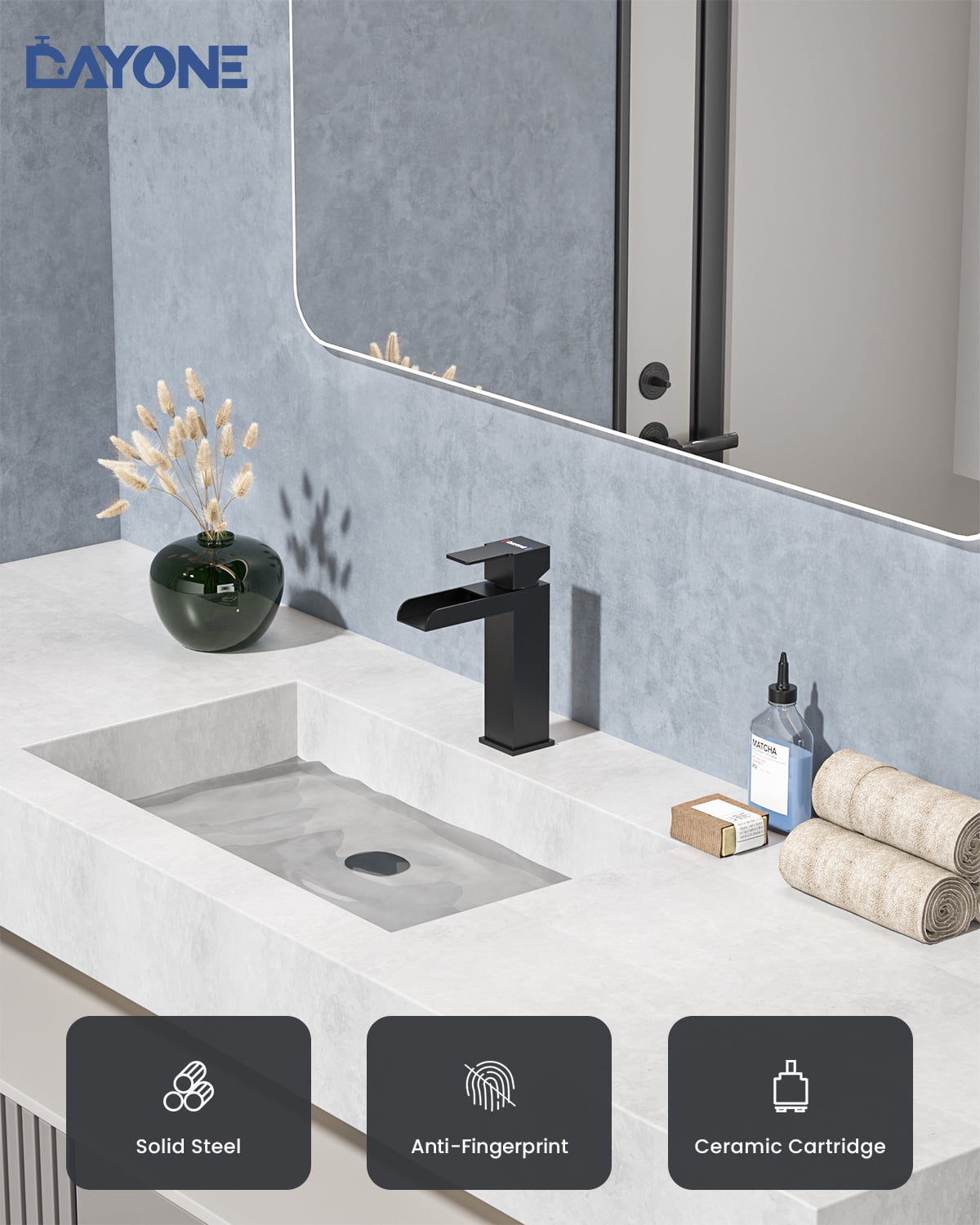 DAYONE Matte Black Single Handle Bathroom Sink Faucet, 1 Hole Waterfall Bathroom Faucets with Pop Up Drain, Single Hole Mixer Tap Includes Optional 6-inch Squre Deckplate Stainless Steel