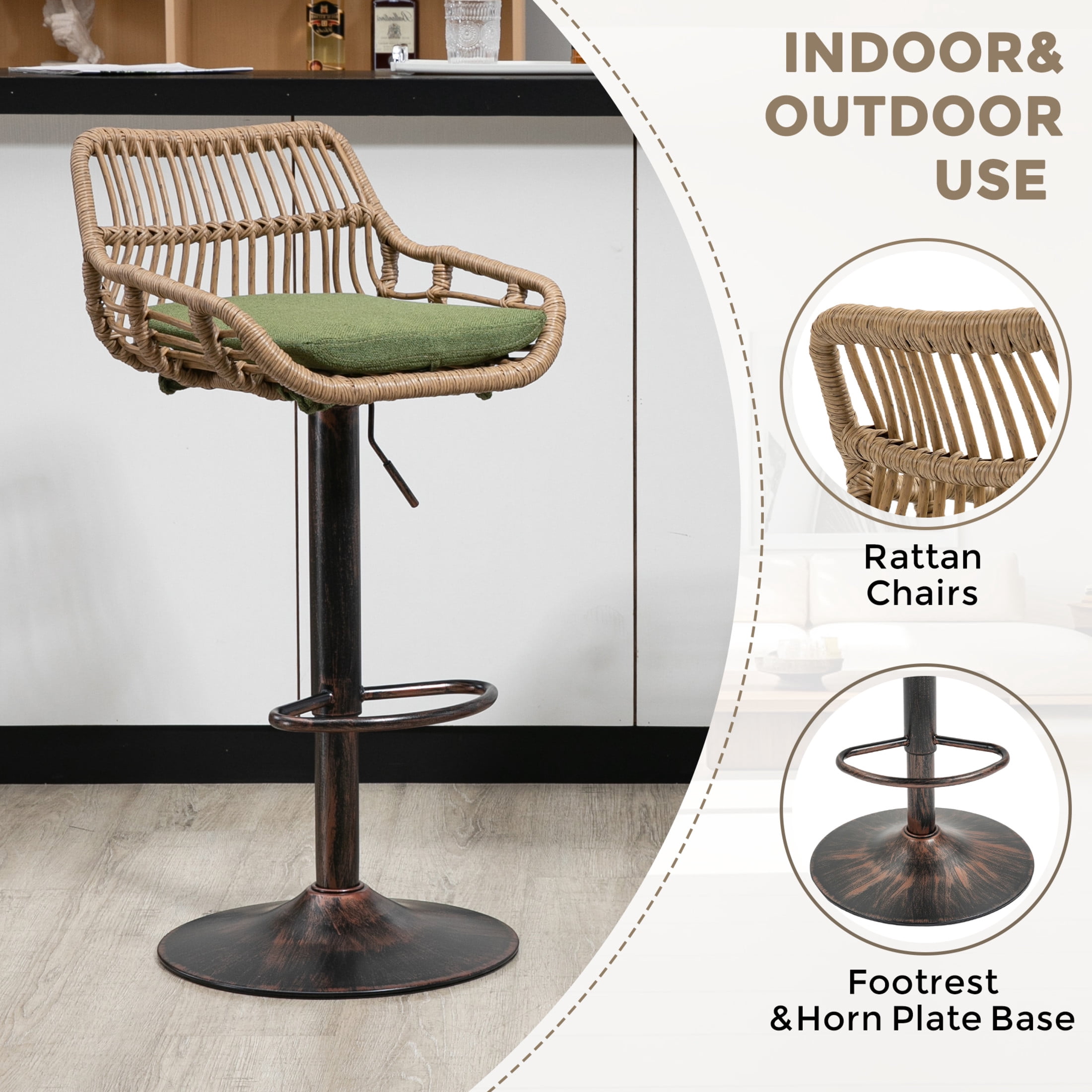 Noble House Swivel Bar Stools Set of 2, Adjustable Linen Counter Height Chairs with Footrest, Green