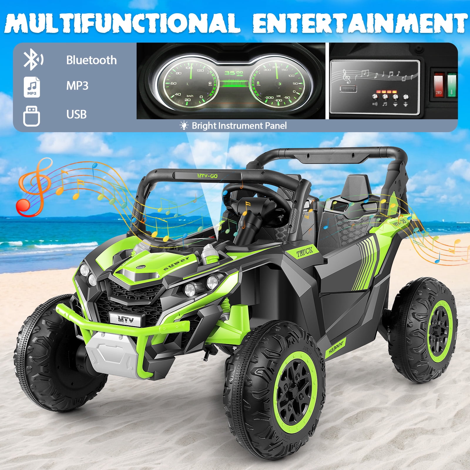 Funcid 24V Ride on Car for Kids, 2WD/4WD Switchable Ride on Car with Remote Control, 2 Seater Ride on Toys, UTV, Bluetooth, Music, LED Lights, Storage Space