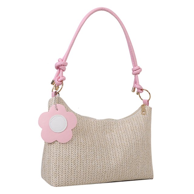 Bolsa de paja de verano para mujer, correa de PU, tejidas con flores para las axilas para el trabajo (rosa) Likrtyny Para Estrenar