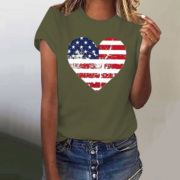 SOOMLON American Flag Tops for Women Trendy Summer Heart 4th of July Shirts Crew Neck Patriotic Tops Short Sleeve Personalized T-Shirt Striped Stars Tee Blouse Clothes