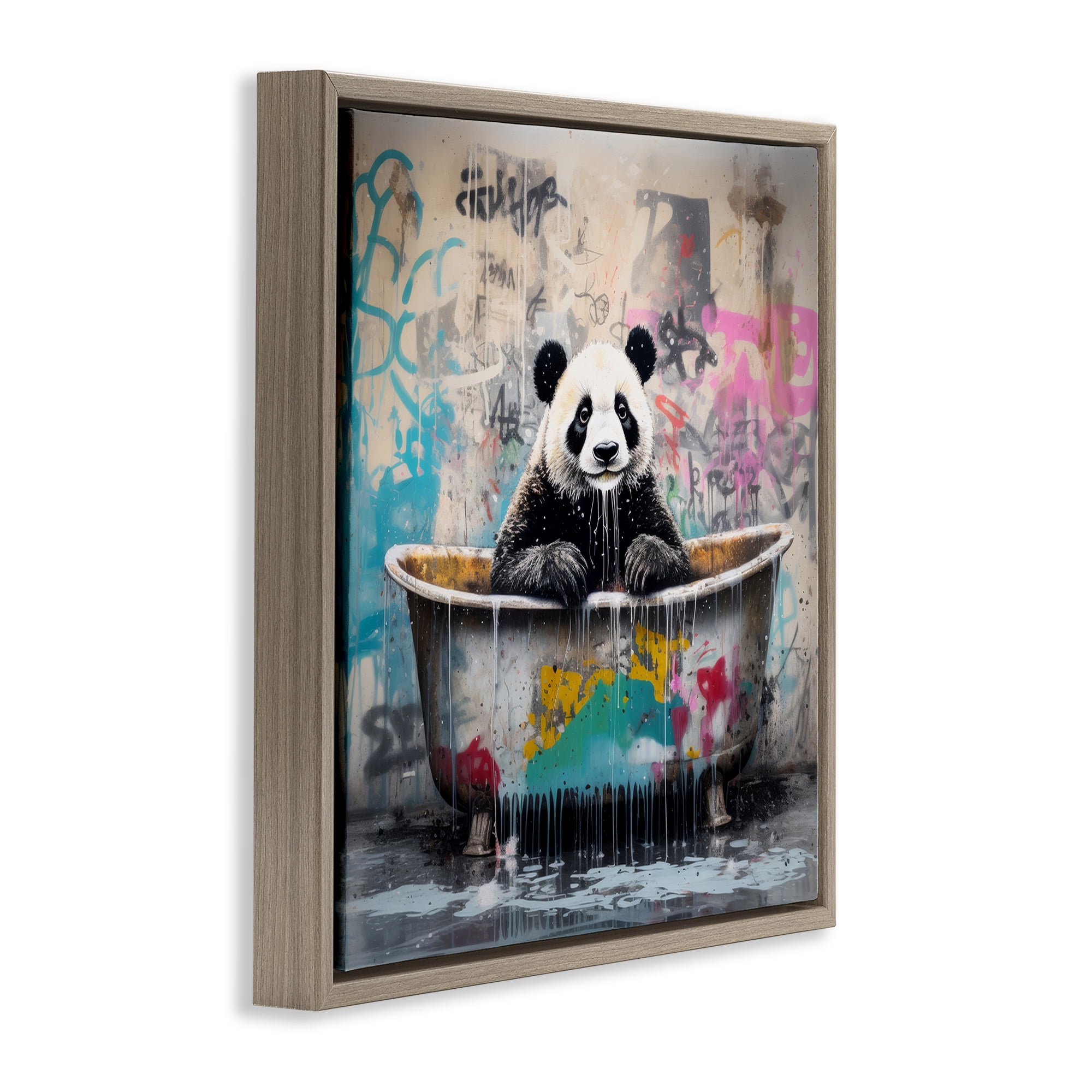 Stupell Industries Graffiti Bathing Panda Typography Painting Brown Floater Framed Canvas Art Print Wall Art, 18 x 18