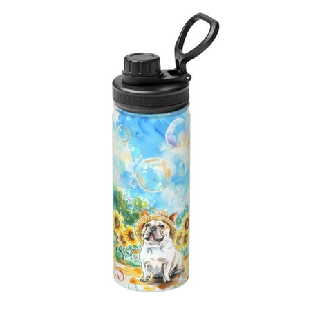 

Goofa French Bulldog Sunflowers Bubbles Print 18oz Sports Insulated Kettle With Straw Water Bottle Sports Water Bottle For Running Hiking Cycling Climbing Mans Womans