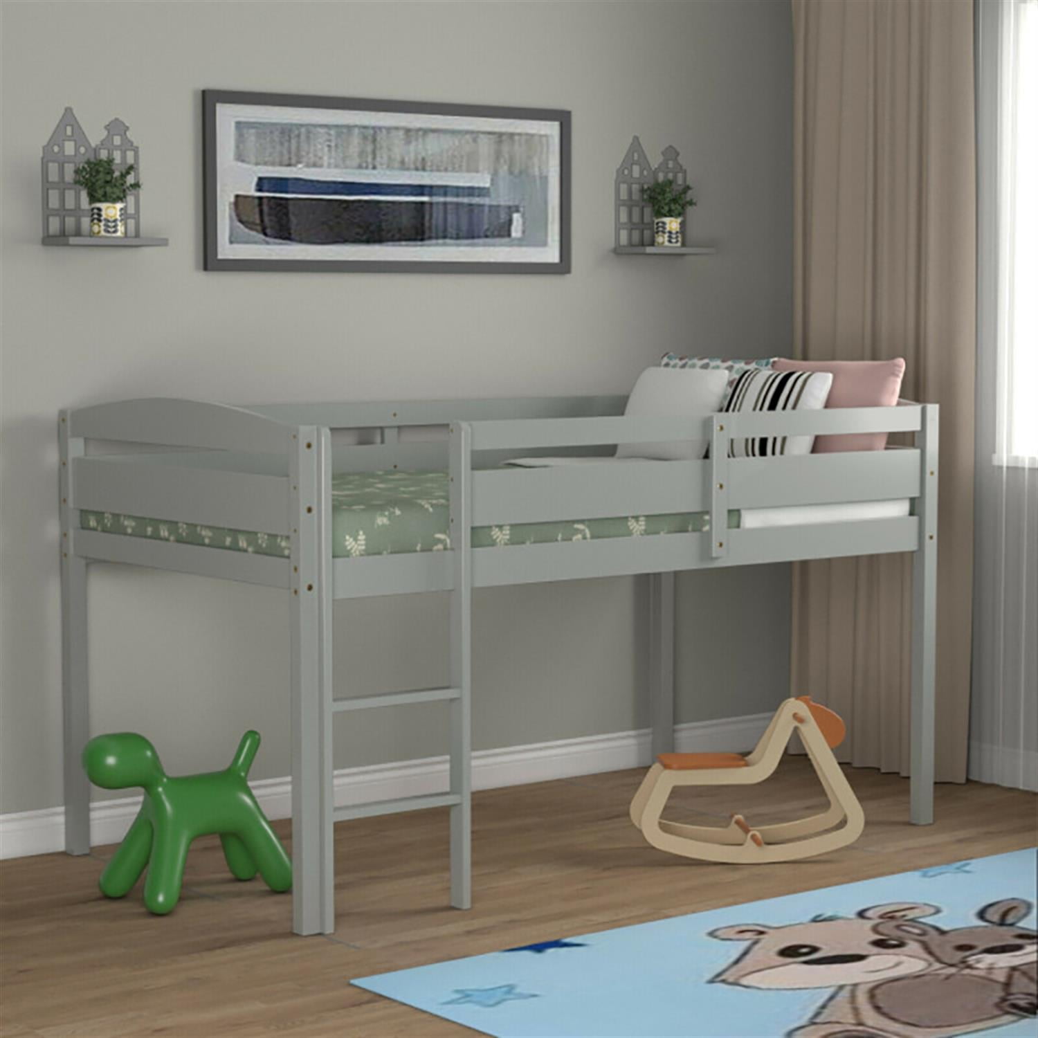 Demi Bonn Loft Bed Twin Size, Solid Wood Low Loft Bed with Guard Rail and Ladder, Modern Wooden Loft Bunk Bed Frame, Gray