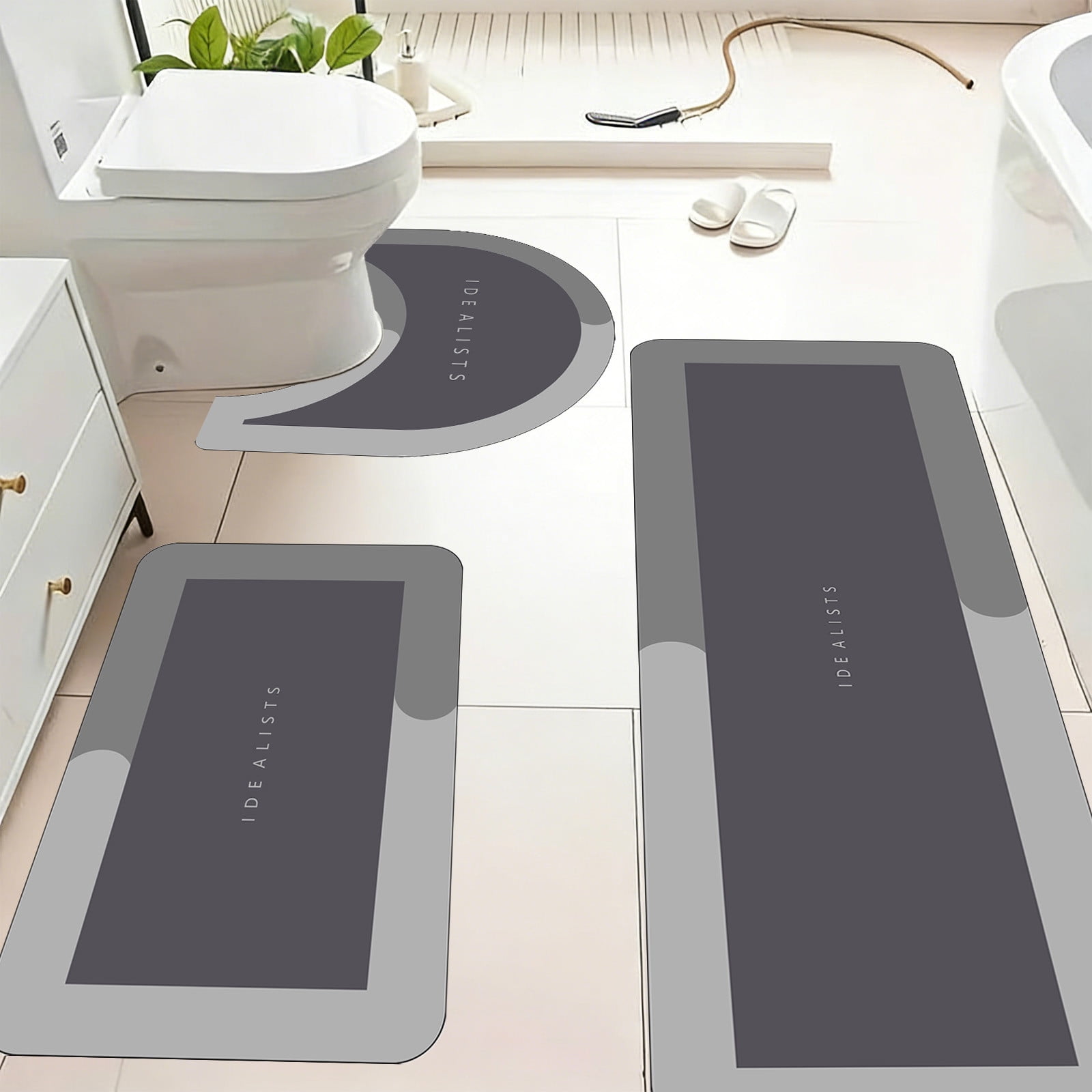 AuroraX Stone Bathroom Rug Set 3 Piece with Gray Absorbent Non Slip Rubber-Backed Diatomaceous Earth Bath Mat Long Rug Runner U-Shaped Toilet Rug Quick Dry Washable Bath Rug Set for Bathtub,Shower