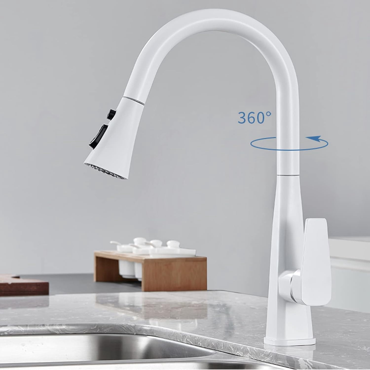 Kitchen Faucets with Pull Out Spray, Kitchen Sink Mixer Faucet White Kitchen Faucet Hot Water and Cold Water Brass 360° Swivel Retractable Pull Out Kitchen Mixer Faucet