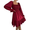 thumbnail image 2 of Women'S Square Neck Lantern Long Sleeve Ruffle Shirred Flowy Party Mini Dress Wine Red S, 2 of 8