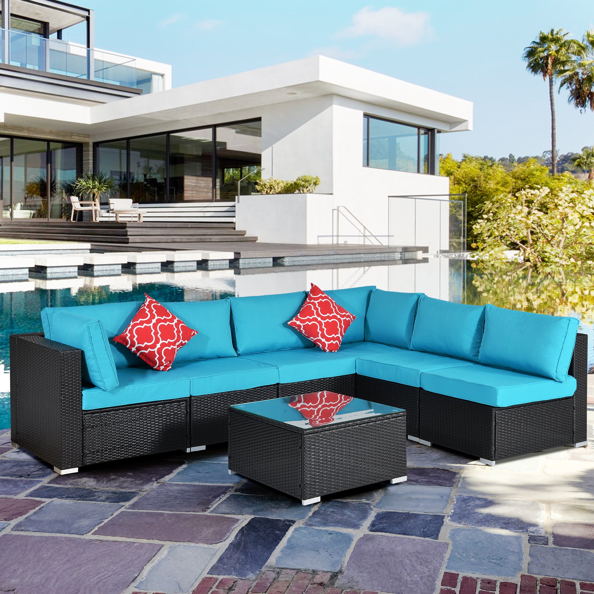 Outdoor Patio Furniture Sets 7 Pcs Outdoor Sectional Sofa Set With Blue Cushions Table W Tempered Glass Outdoor Wicker Patio Furniture Conversation Set For Porch Poolside Backyard R185 Walmart Com Walmart Com