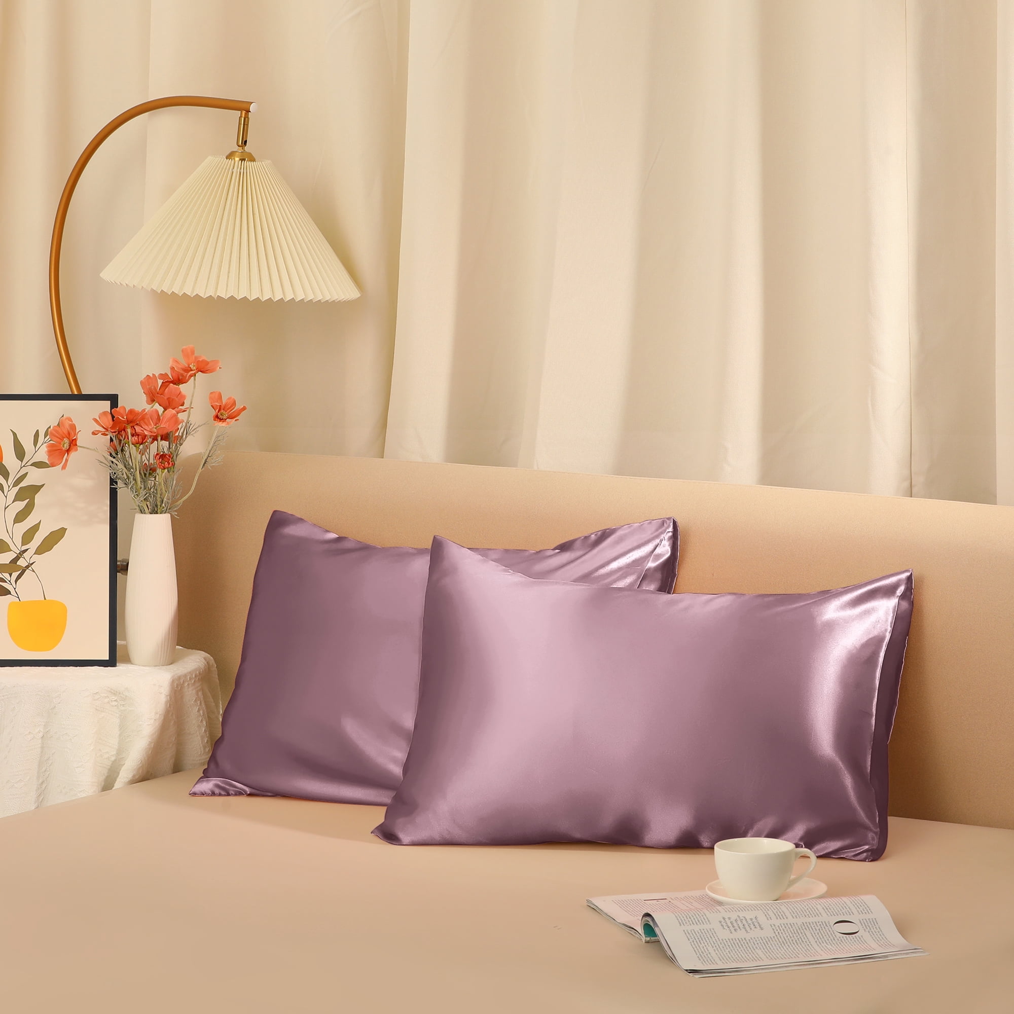 Unique Bargains Envelope Closure Breathable and Soft Satin Pillowcase (2 Count) Bean-Paste Color King