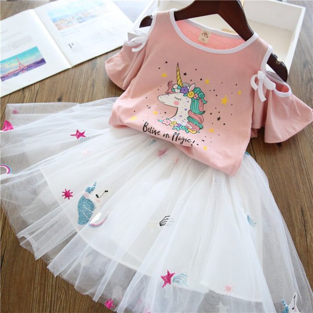 Fashion Girls Unicorn Dresses Summer T-shirt+Tutu Princess Dress Kids Short Sleeve Clothes Set Children Birthday Party CostumeStyle 14T-110cm He Qiyong unisex