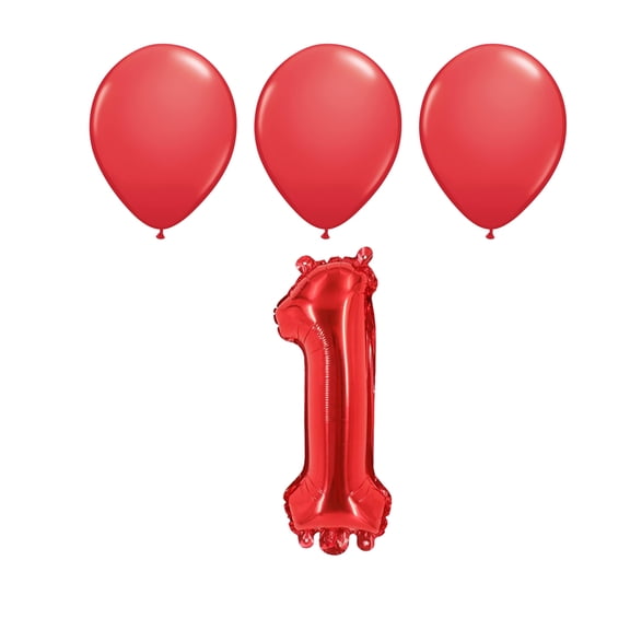 Number One 1 Red Balloon 32 Inch Foil Mylar Birthday Milestone 3 Red Latex Balloons