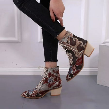 

Tawop Sock Boots For Women Winter Ladies Flat Embroidered Lace-Up Retro Casual Ankle Boots Tall Boots For Women Toddler Black Boots