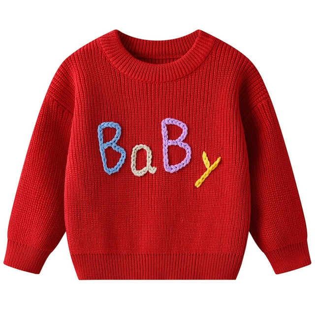 Chandail d'Automne et d'Hiver pour Tout-Petits Garçons Filles à Manches Longues Col Ras du Cou Chandails Doux Chandail à Enfiler Vêtements pour Bébé Enfants Rouge, 7-8 A