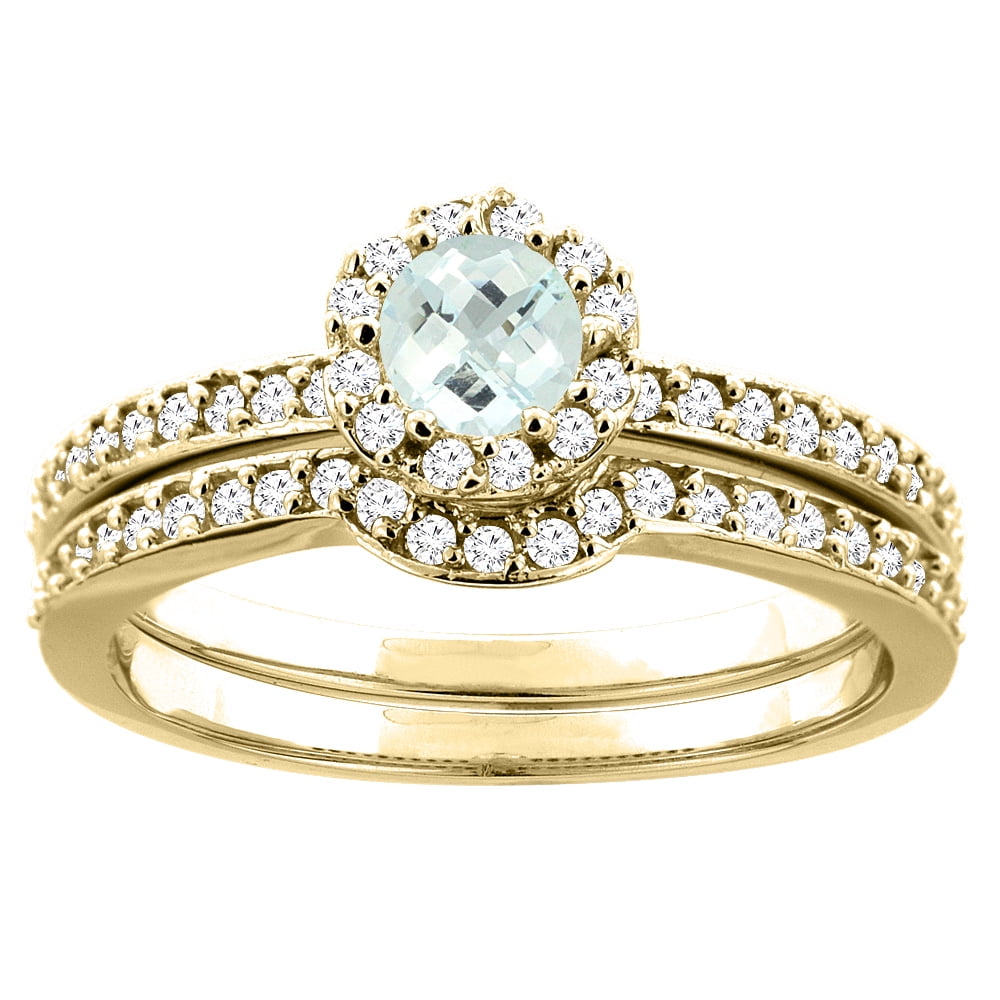 10K Yellow Gold Natural Aquamarine 2-pc Bridal Ring Set Diamond Accent Round 4mm, sizes 5 10 by WorldJewels