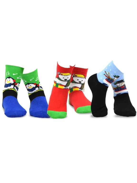 TeeHee Christmas Kids Cotton Fun Crew Socks 3-Pair Pack (6-8 Years, Snowman Penguin Bear)